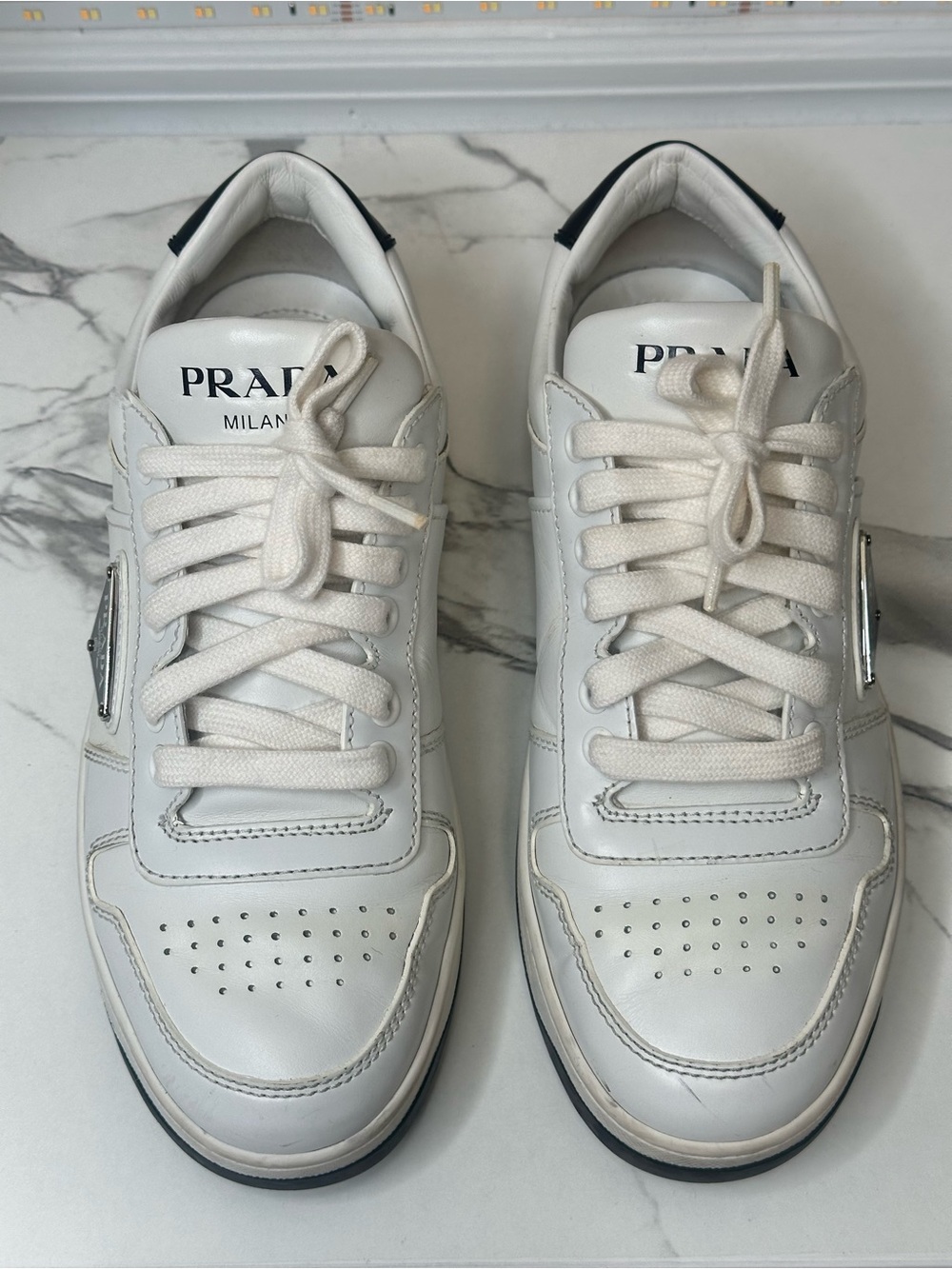 Prada Downtown White Leather Sneakers Size 37 With Box